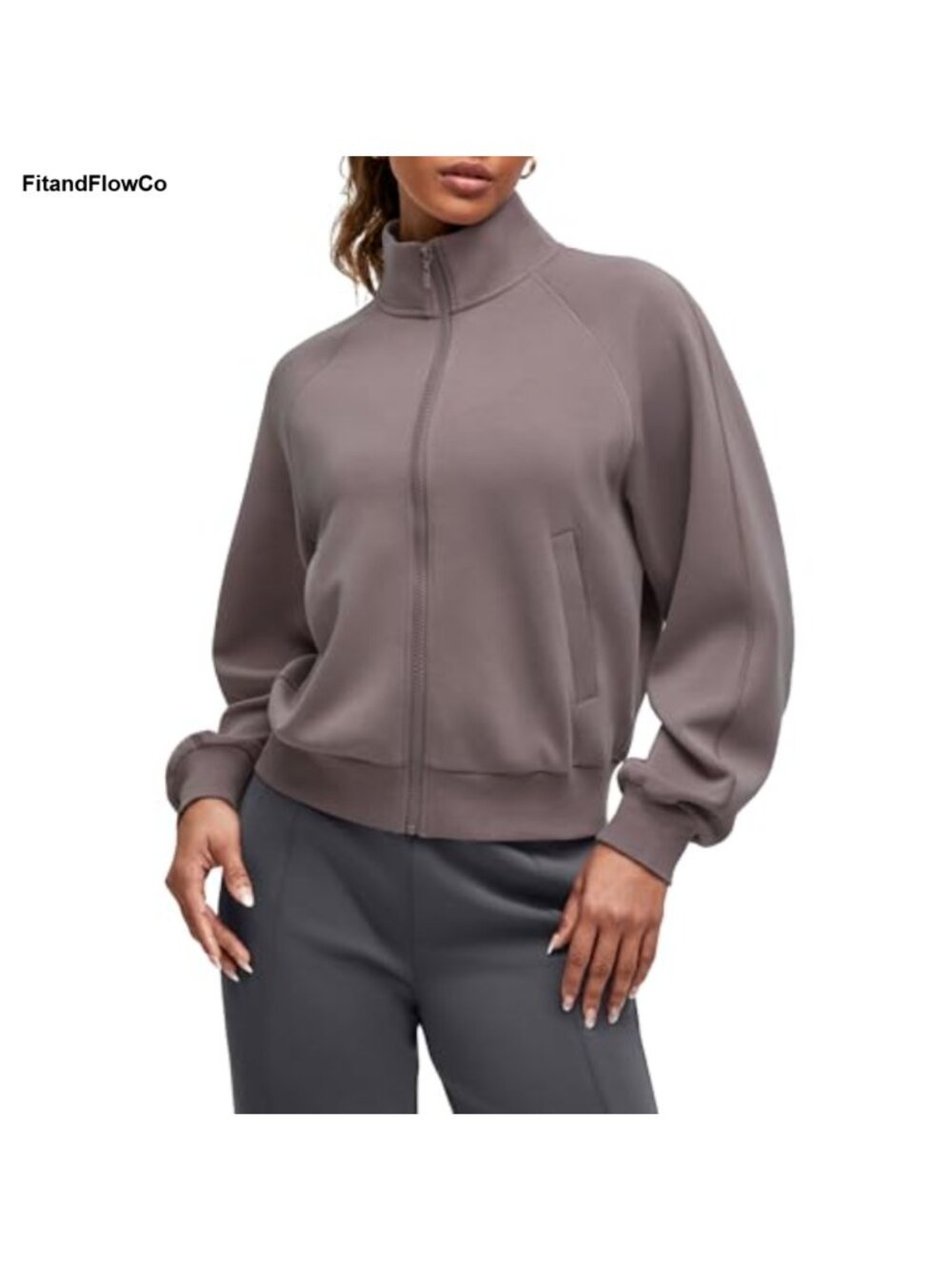 Modal Soft Zip Up Jacket Loose Fit Mock Neck Long Sleeve Casual